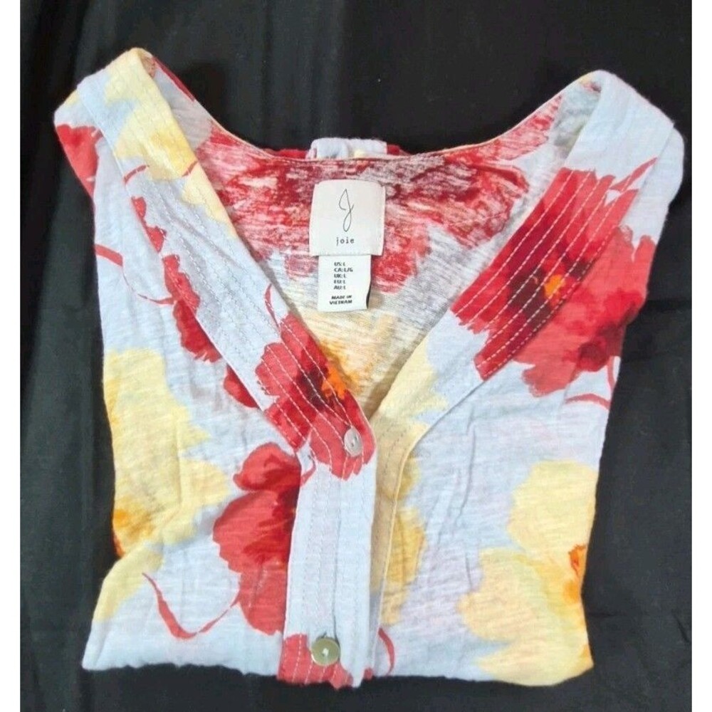 Joie Floral Linen Blend Top Womens Size L Red/Yellow Cap Sleeve V Neck Button